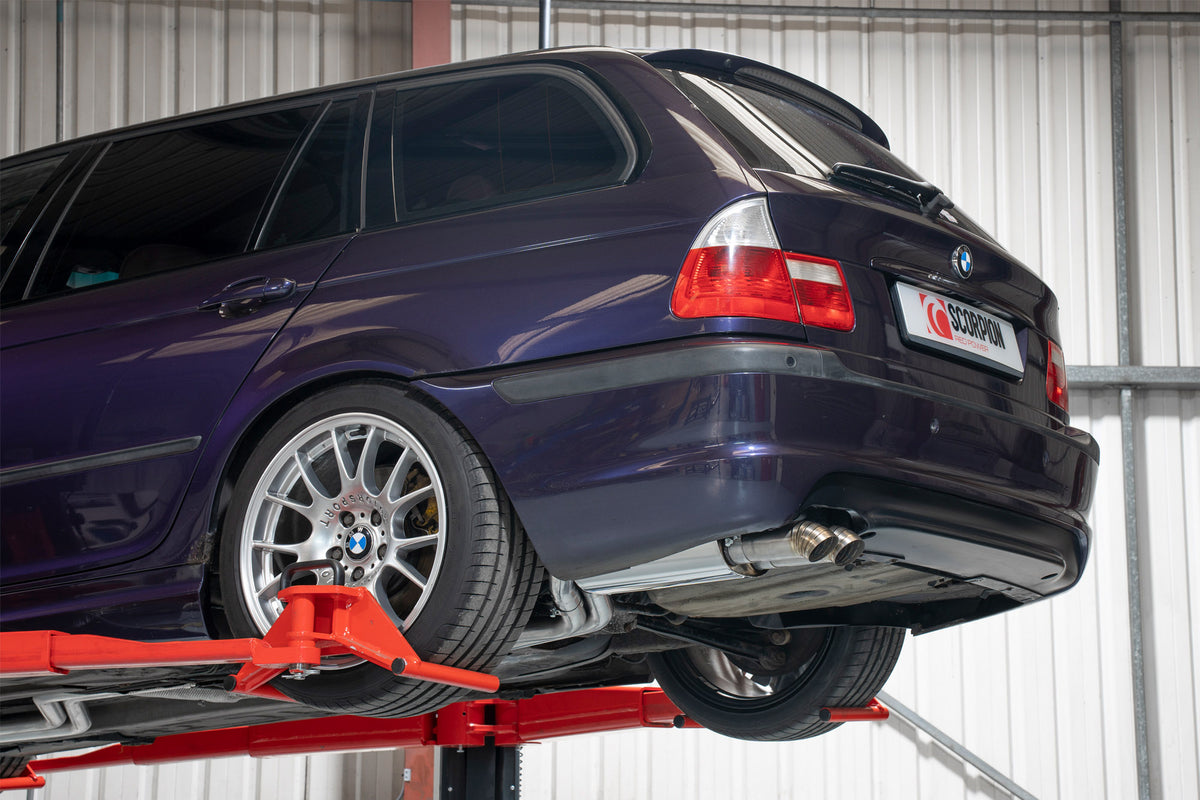Scorpion BMW E46 cat-back exhaust system installed on coupe, saloon, estate, showcasing stainless steel piping and dual exhaust tips.