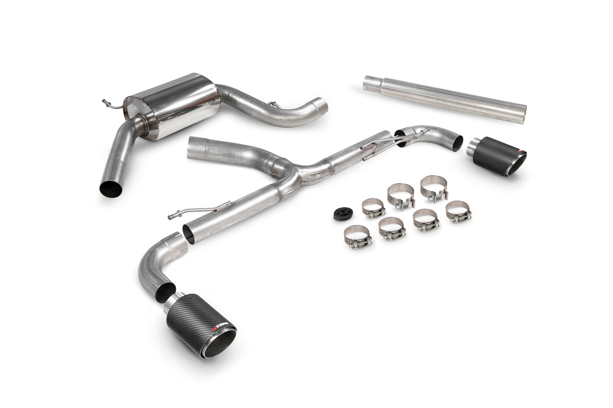Scorpion Volkswagen Scirocco R resonated predator cat-back exhaust system installed on a car, showing the polished exhaust tips.
