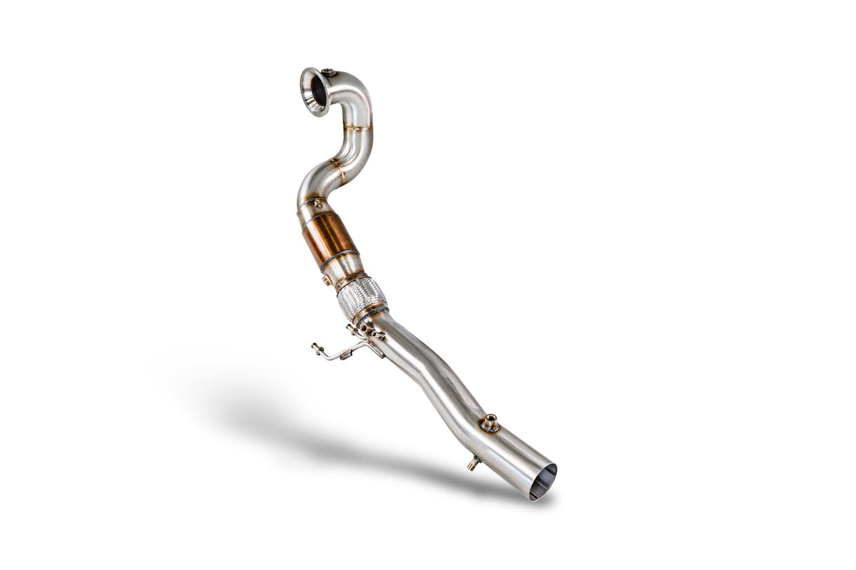 Scorpion Volkswagen Polo GTI AW facelift GPF model de-cat downpipe with metallic finish and exhaust flanges, automotive performance part