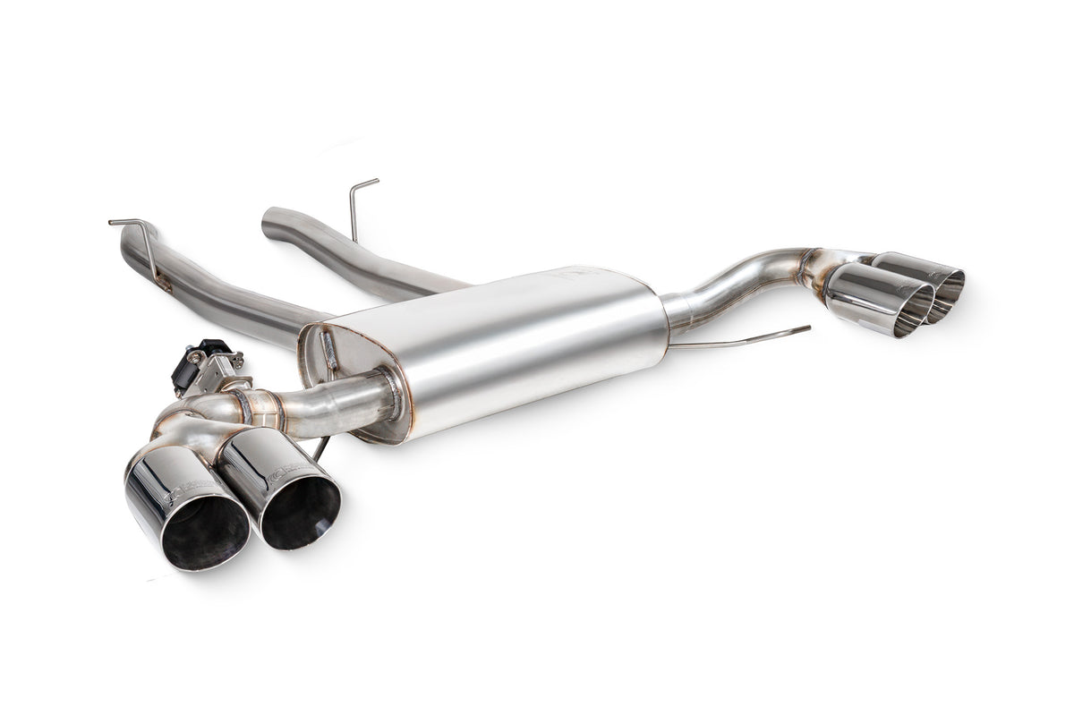 Scorpion BMW X3 M40i G01 GPF-Back Exhaust System with electronic valve, showing polished metal pipes and exhaust tips.