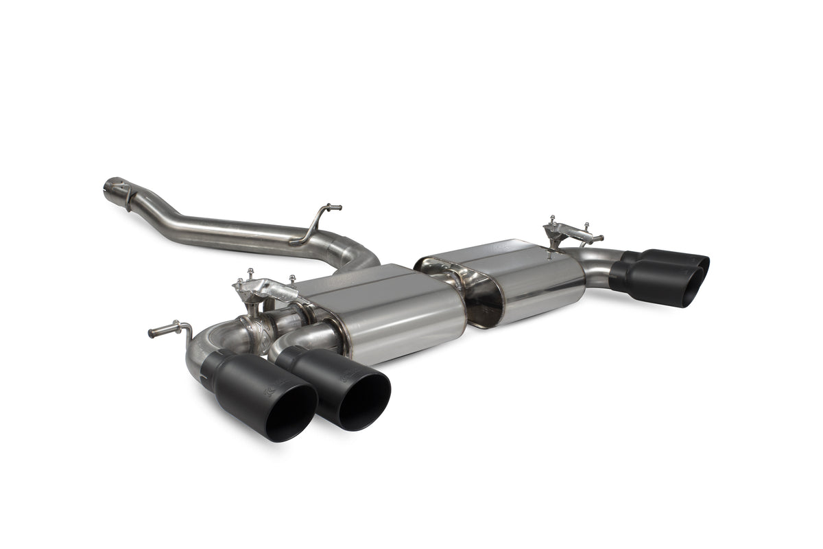 Scorpion Volkswagen Golf MK7 R cat-back exhaust system with electronic valves, showcasing polished stainless steel pipes and mufflers.
