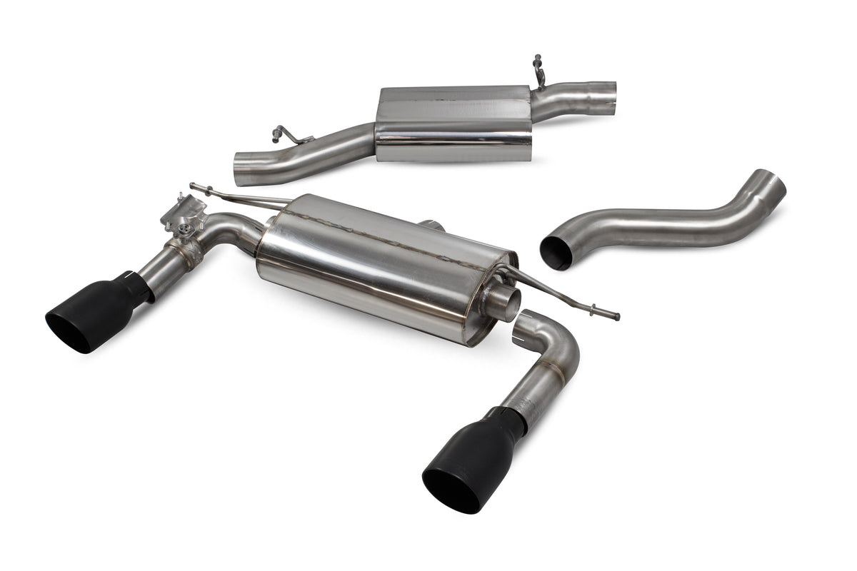 Scorpion Audi TT MK3 2.0 TFSI quattro coupe resonated cat-back exhaust system with electronic valves, showcasing polished metal piping.