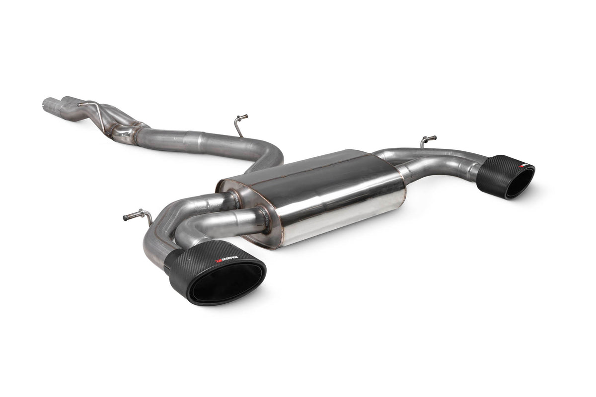 Scorpion Audi RS3 8V pre-facelift cat-back exhaust system without valves, featuring polished stainless steel piping and dual exhaust tips.