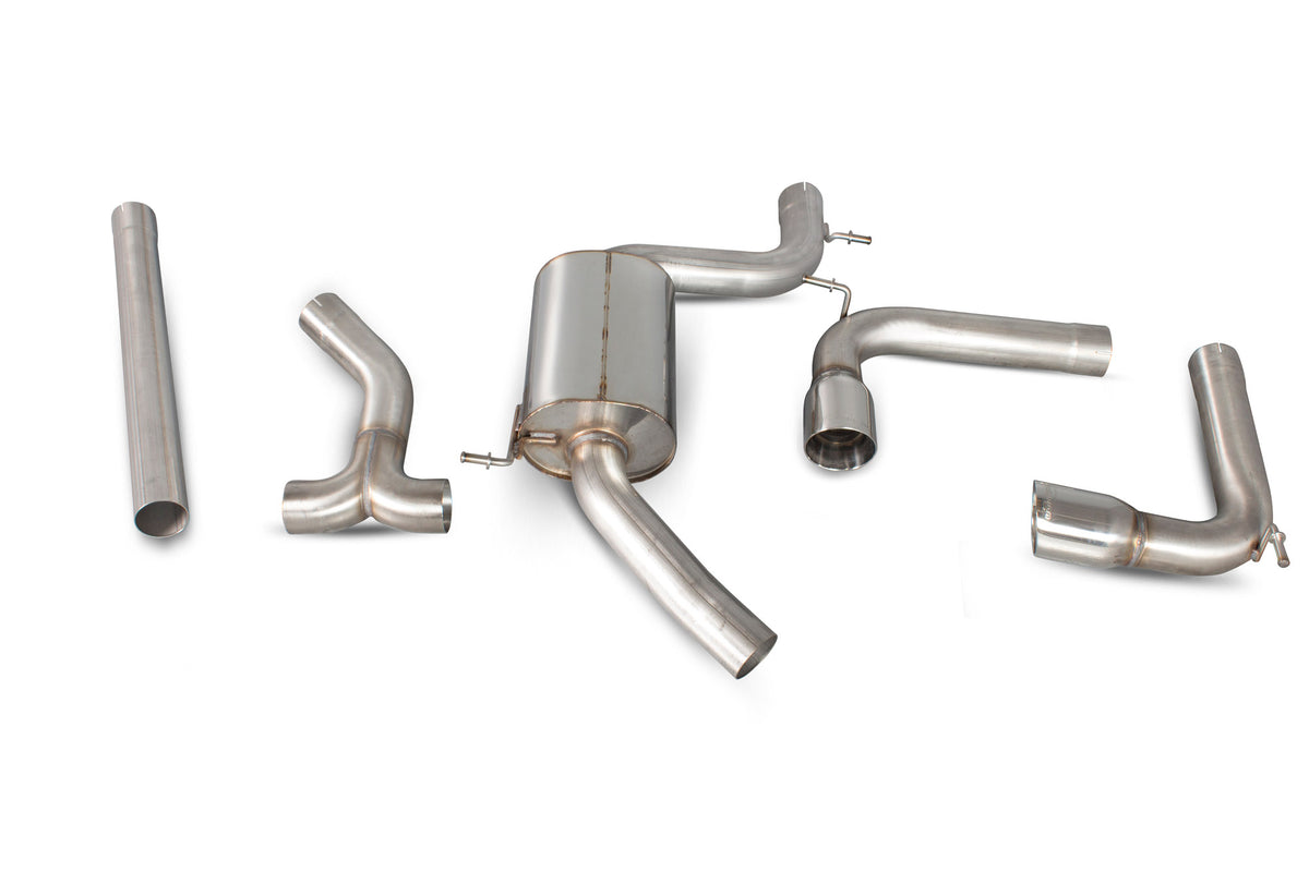 Scorpion Volkswagen Golf MK7 GTI non-resonated cat-back exhaust system installed on a car, showcasing polished stainless steel pipes.