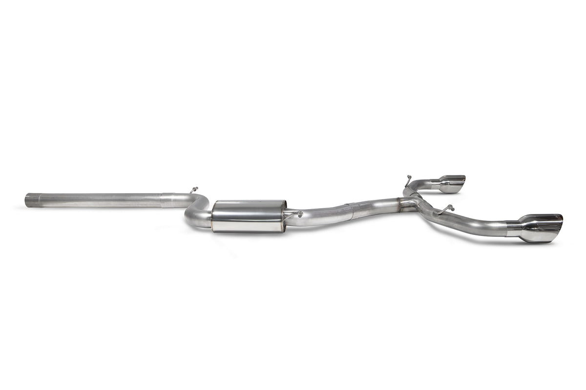 Scorpion Volkswagen Golf MK8 GTI GPF-Back Exhaust System with non-resonated design, showcasing polished metal pipes and mufflers.