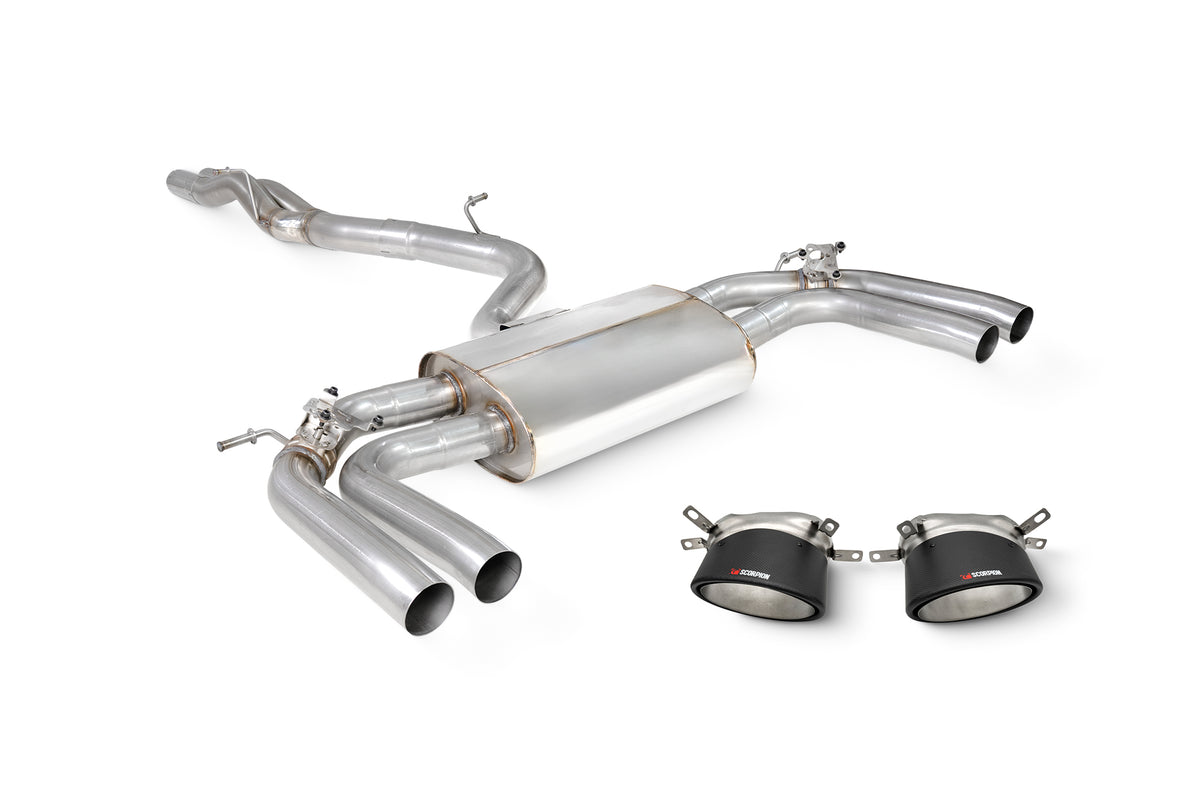 Scorpion Audi RS3 8Y Sportback GPF-Back Exhaust System with valves, non-resonated, showcasing polished stainless steel pipes and mufflers.