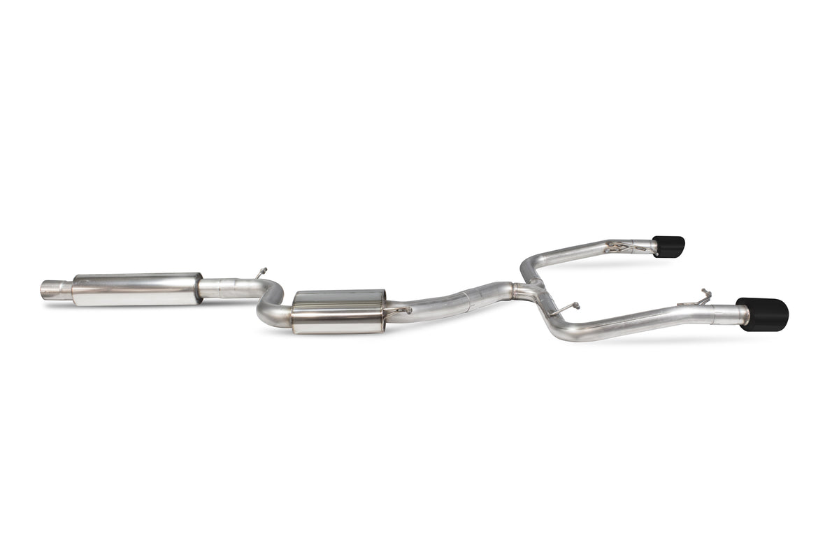 Scorpion Seat Leon Cupra 2.0 TSI resonated cat-back exhaust system with polished stainless steel pipes and dual exhaust tips.