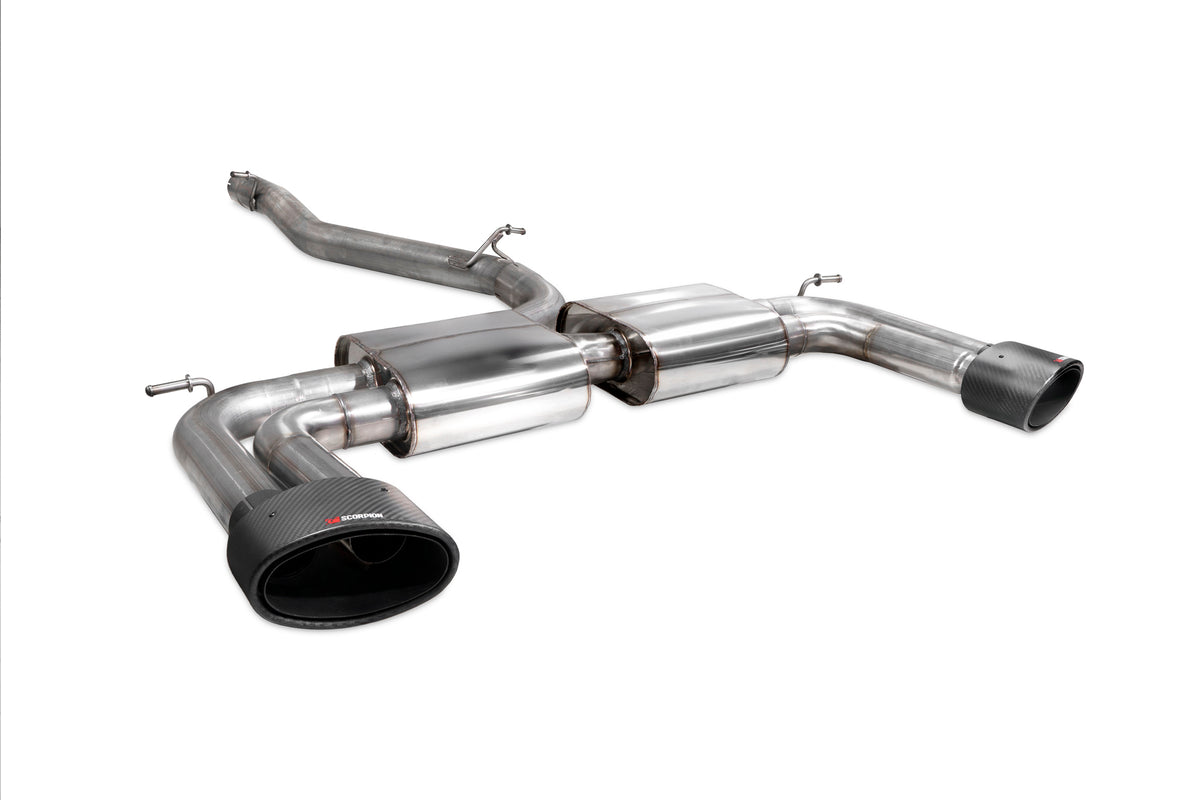Scorpion Exhausts GPF-Back Exhaust System for Audi S3 8V Saloon, non-resonated, without valves, showcasing the stainless steel pipes and muffler