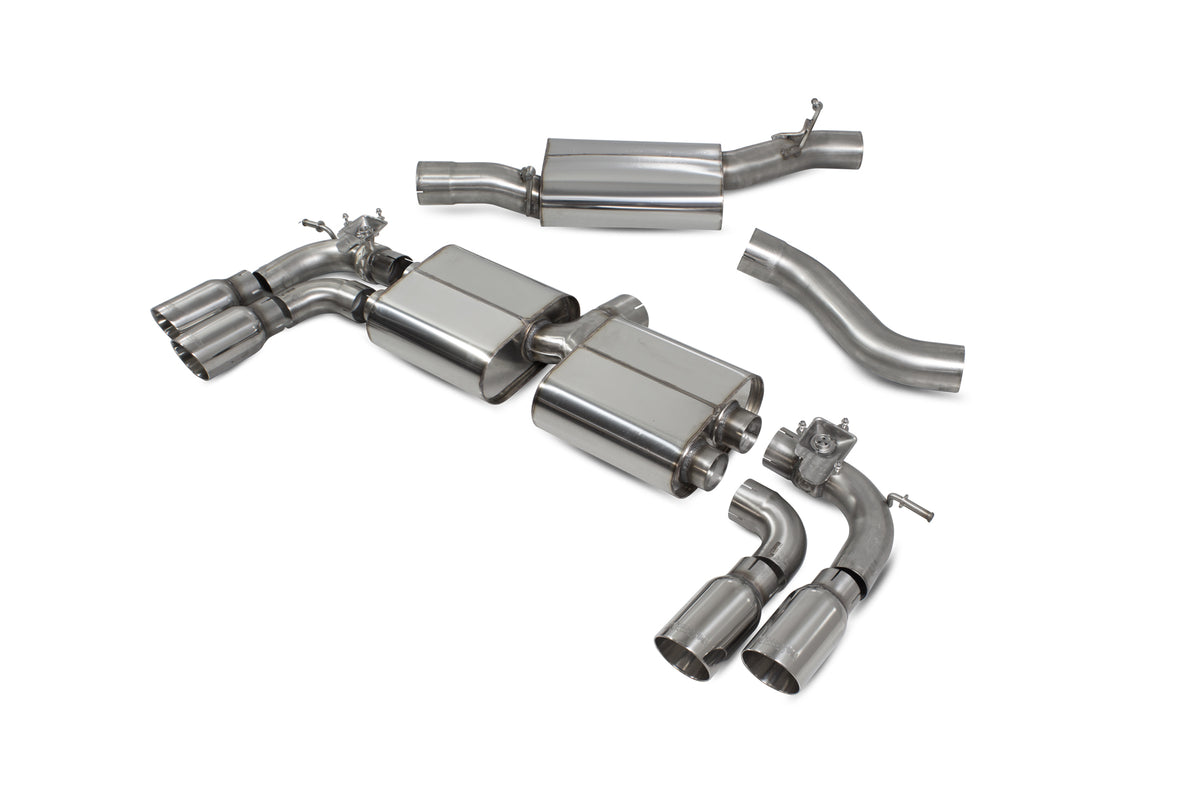 Scorpion Audi SQ2 resonated GPF-back exhaust system with valves, featuring polished stainless steel pipes and dual exhaust tips.