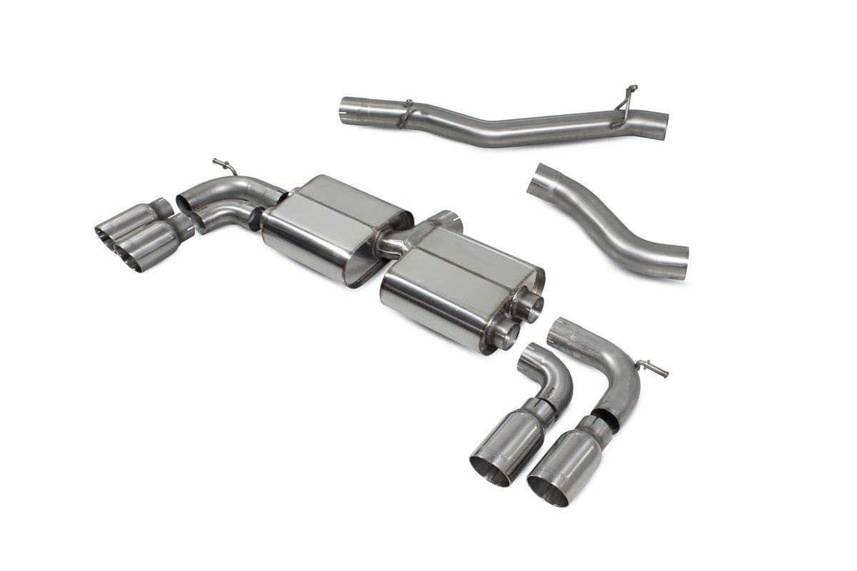Scorpion Audi SQ2 GPF-Back Exhaust System, non-resonated and non-valved, featuring polished stainless steel pipes and dual exhaust tips.