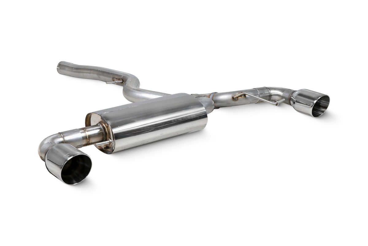 Scorpion BMW 220i G42 GPF-Back Exhaust System installed on vehicle, showcasing stainless steel pipes and dual exhaust tips.