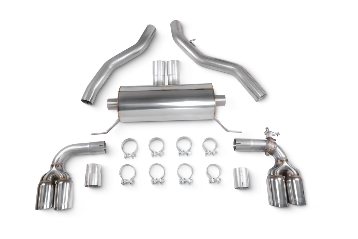 Scorpion BMW M240i G42 GPF-Back Exhaust System with electronic valve, showcasing the stainless steel exhaust pipes and dual tips.