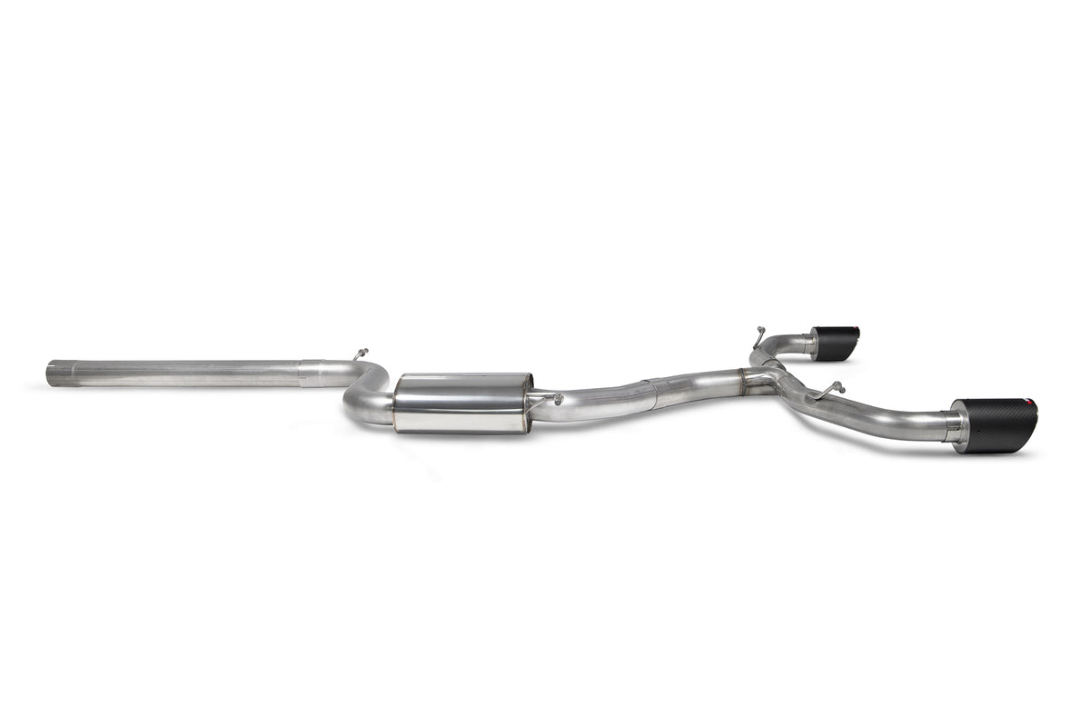Scorpion Volkswagen Golf MK8 GTI GPF-Back Exhaust System with non-resonated design, featuring polished metal exhaust pipes and tips.