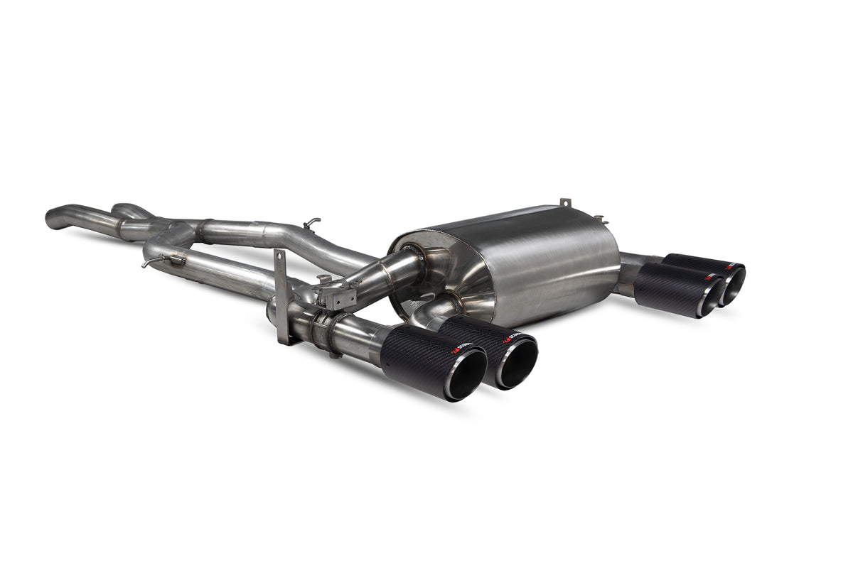 Scorpion BMW F80 M3 and F82 M4 non-resonated cat-back exhaust system with electronic valves, showcasing polished stainless steel pipes.