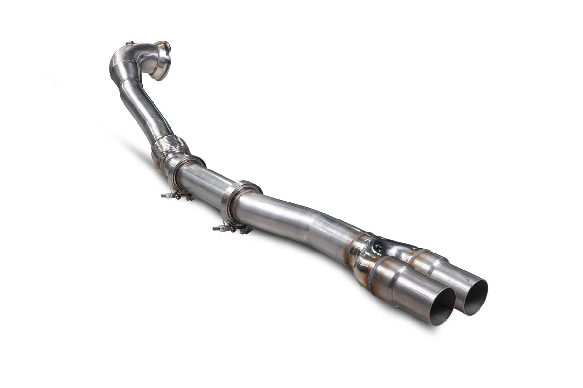 Scorpion Exhausts Audi RS3 8V pre-facelift de-cat downpipe showing polished metal pipes and mounting flanges.