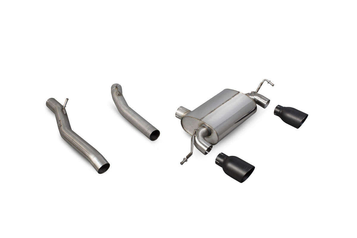Scorpion Audi TT Mk1 quattro sport non-resonated cat-back exhaust system installed on a car showing polished stainless steel pipes and mufflers.