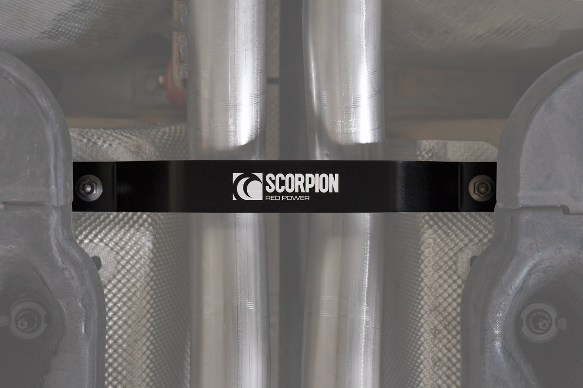 Scorpion Audi RSQ3 (F3) exhaust tunnel brace in black, showing metal construction and mounting points for engine stability.
