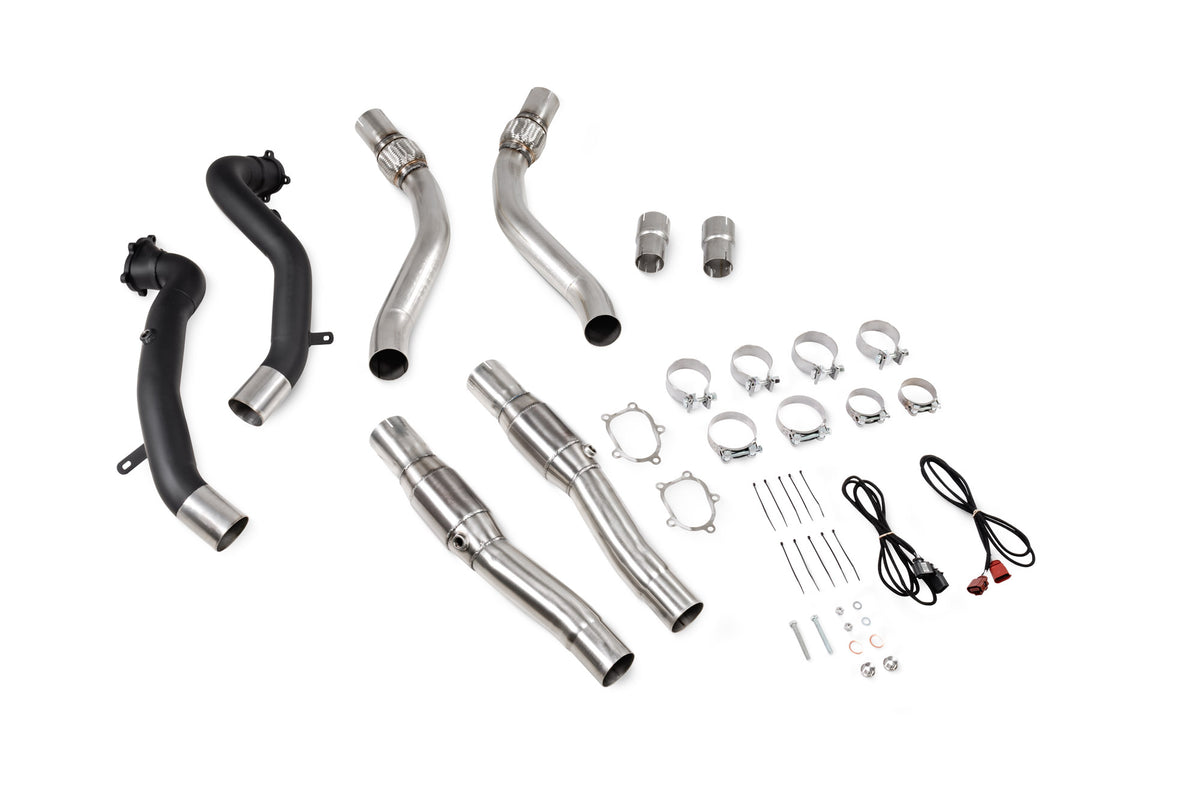 Scorpion Exhausts sports cat downpipes for Audi RS6 C7 Avant, RS7 C7, S6/S7 C7 with large bore front pipes, showing stainless steel construction