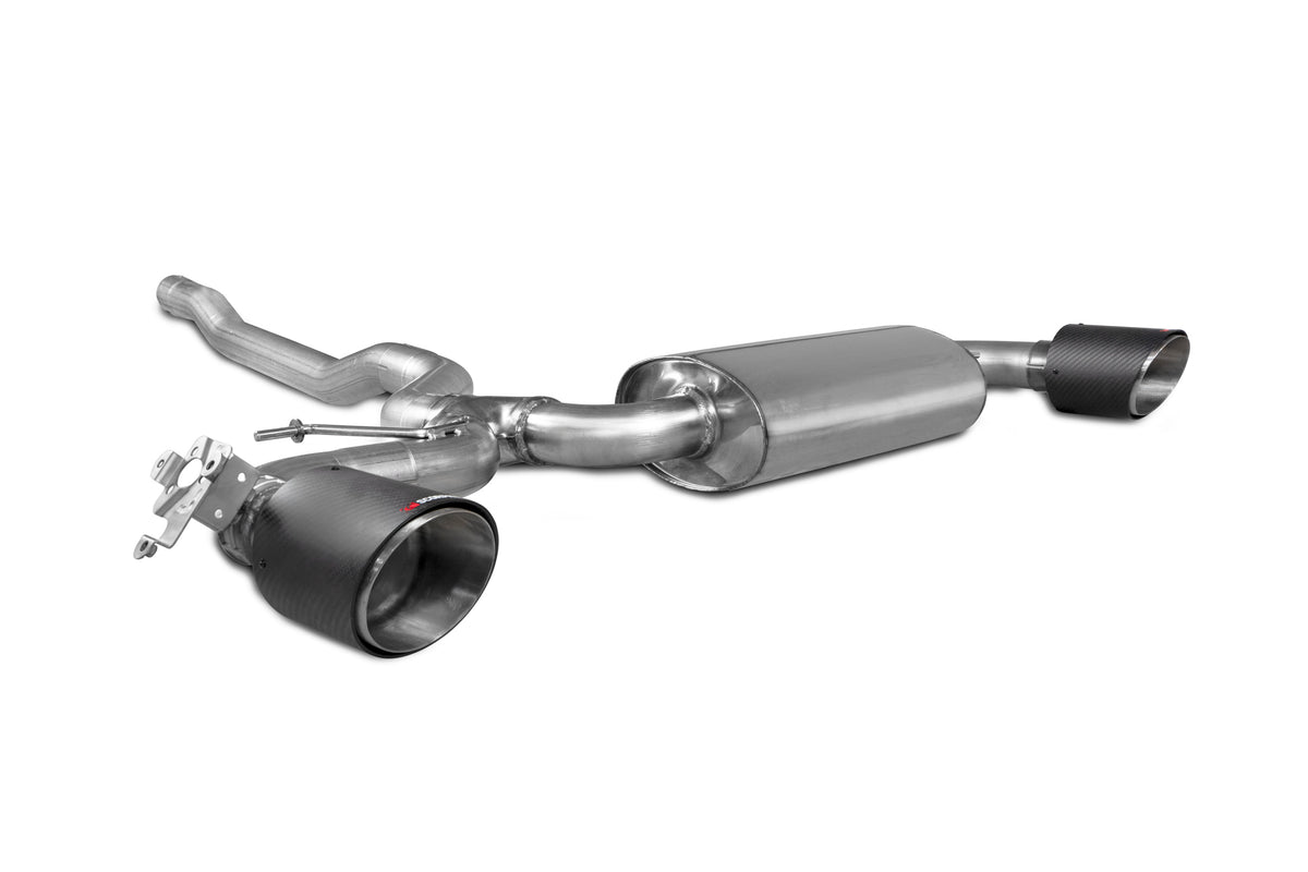 Scorpion BMW 128ti F40 GPF-Back Exhaust System with electronic valve, showing polished metal pipes and exhaust tips.