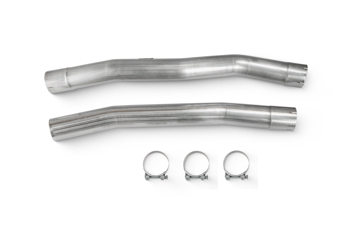 Scorpion BMW M2 F87 non-GPF resonator delete pipe, OEM-style exhaust modification, shown installed on vehicle.