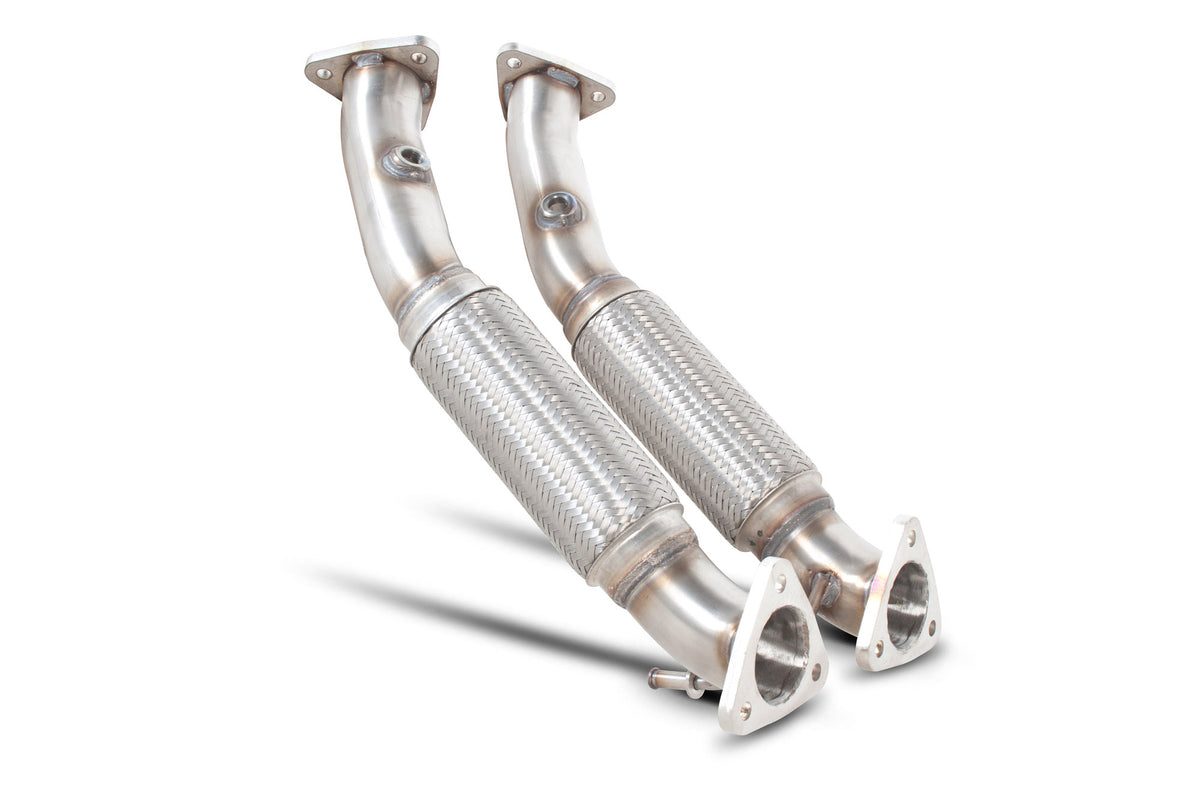 Scorpion Volkswagen Golf MK5 R32 twin de-cat exhaust section in stainless steel, showing the dual pipe design and polished finish.