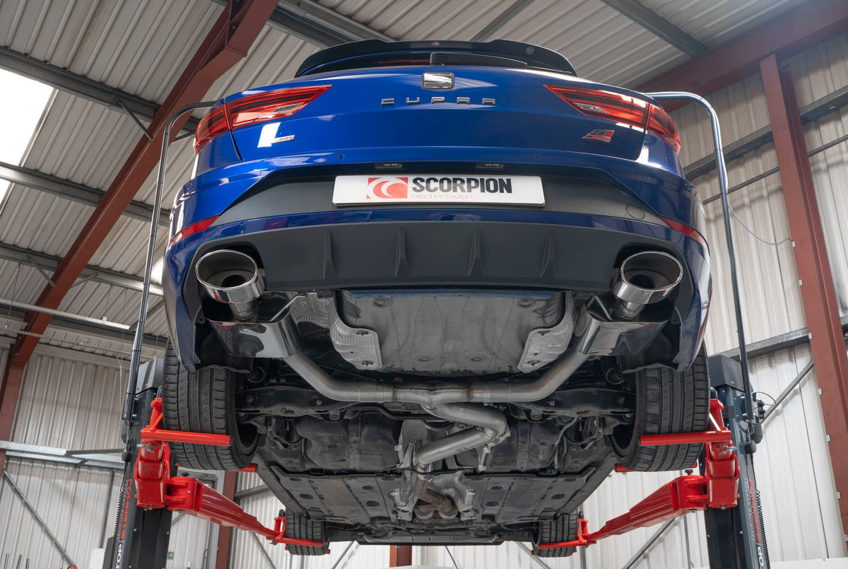 Scorpion Exhausts GPF-Back Exhaust System for Seat Leon Cupra ST 300 4Drive showing the stainless steel exhaust pipes and muffler.