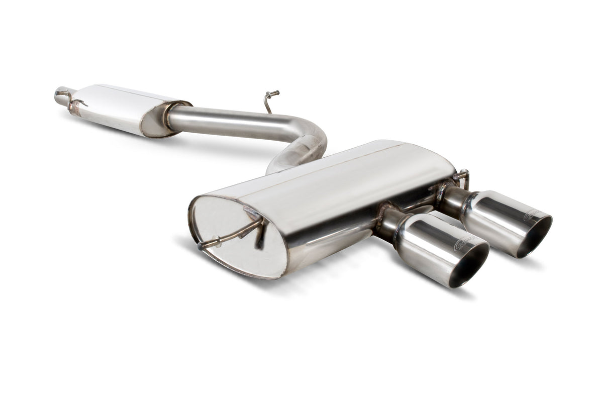 Scorpion Volkswagen Golf MK5 R32 resonated cat-back exhaust system with polished tips and stainless steel pipes.