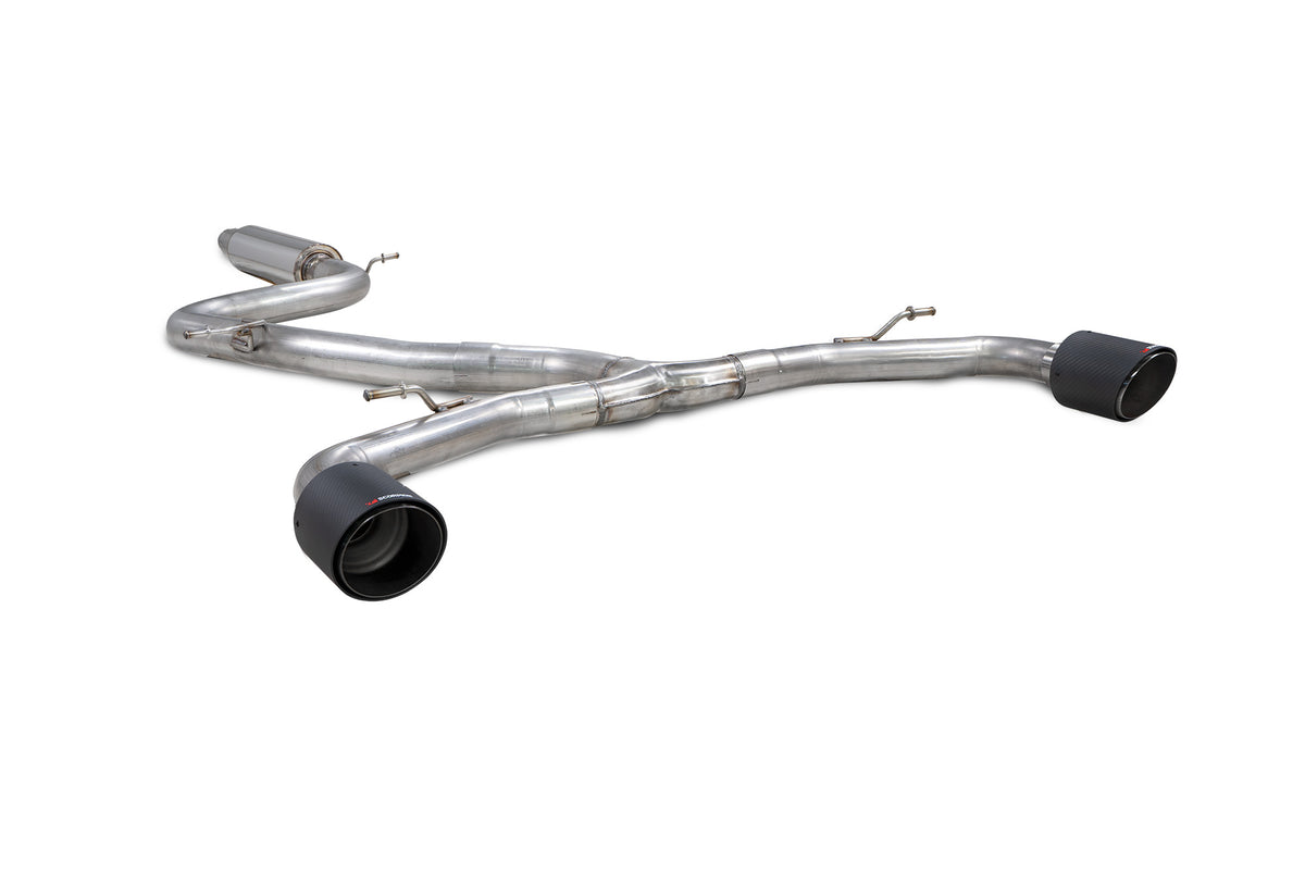 Scorpion Volkswagen Golf MK8 GTI Clubsport GPF-Back Exhaust System with resonated predator design, showcasing the exhaust pipes and tips.