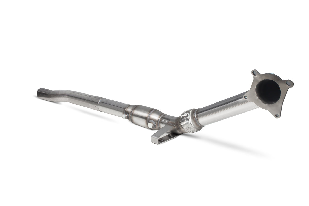 Scorpion Audi S3 8P sports cat downpipe with high flow catalyst, showing the polished metal pipe and exhaust components.