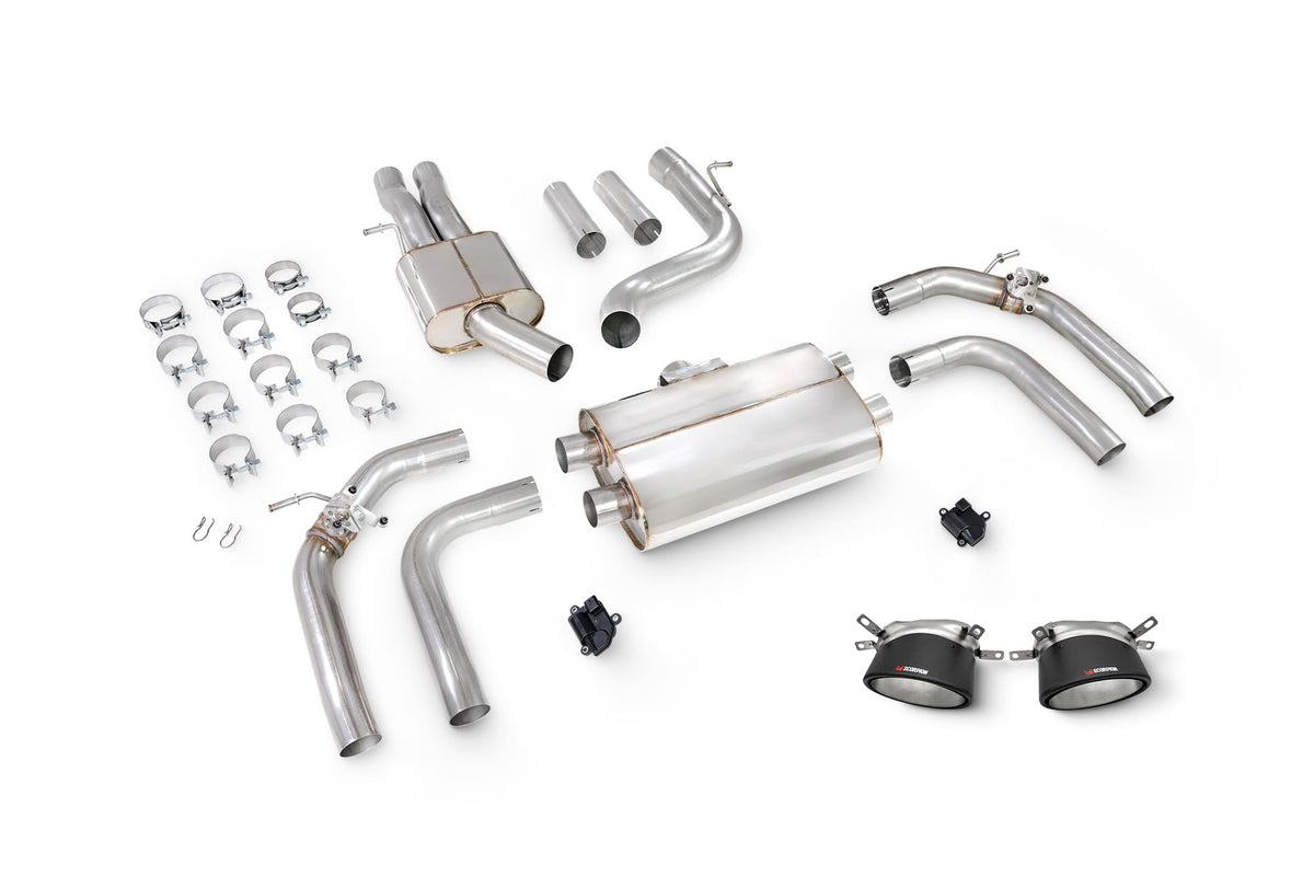 Scorpion Audi RS3 8Y saloon GPF-back exhaust system with resonated cat-back design and integrated valves, showcasing polished metal pipes.