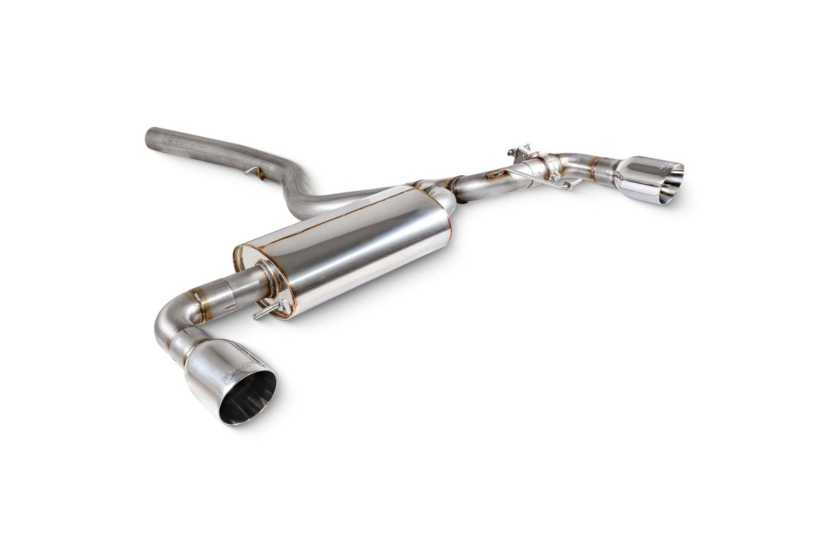 Scorpion BMW G20 G21 330i GPF-Back Exhaust System with electronic valve, showcasing the stainless steel pipes and exhaust tips.