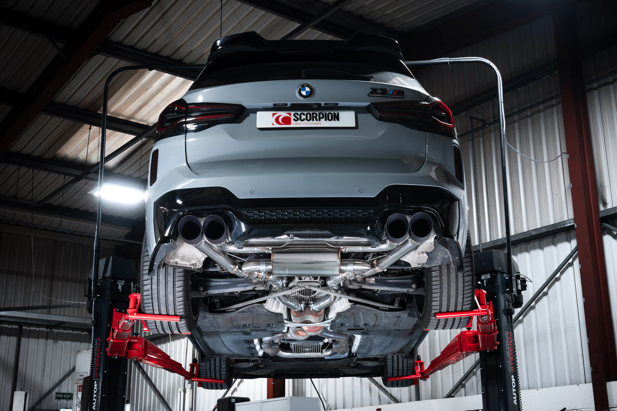 Scorpion BMW X3 M G01 LCI half exhaust system with valves, suitable for X4 M G02 Competition 3.0 LCI models, made by Scorpion Exhausts