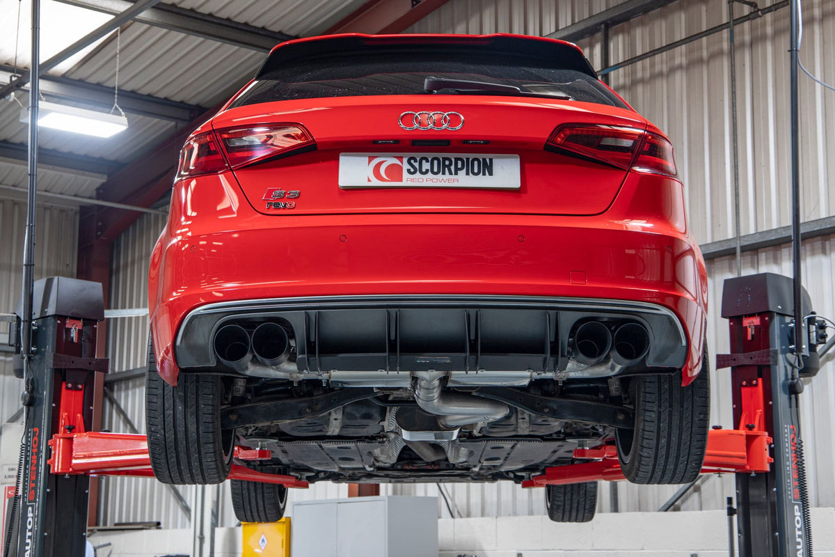 Scorpion Exhausts GPF-back exhaust system with valves for Audi S3 8V Sportback, showing polished metal pipes and dual exhaust tips.