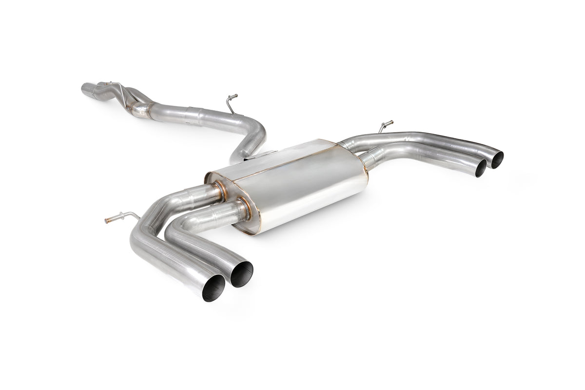 Scorpion Audi RS3 8Y Sportback GPF-Back Exhaust System, non-resonated and non-valved, showcasing polished exhaust tips and pipe details.