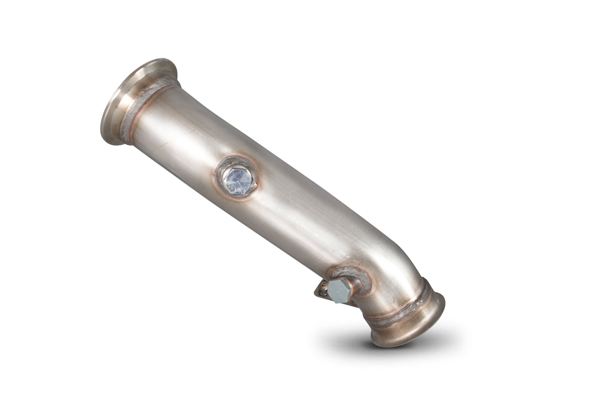 Scorpion BMW M135 F20 performance exhaust catalyst replacement showcasing the metallic component with branding markings.