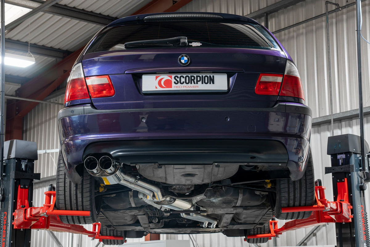 Scorpion BMW E46 cat-back exhaust system installed on coupe, saloon, and estate models, showcasing polished stainless steel pipes.