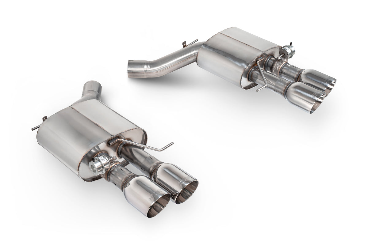 Scorpion BMW M5 F10 rear silencer exhaust component in polished metal with branding details visible.
