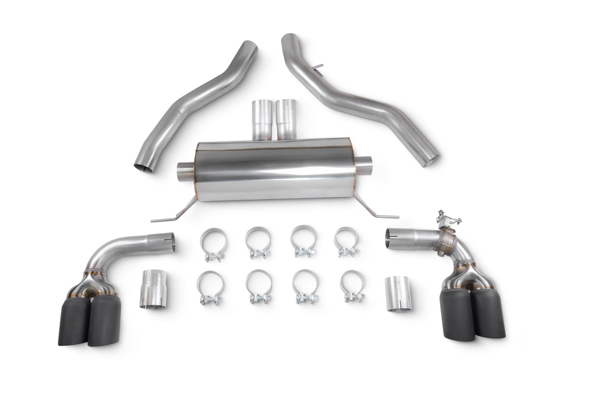 Scorpion BMW M240i G42 GPF-Back Exhaust System with electronic valve, showcasing polished exhaust tips and dual tailpipes.