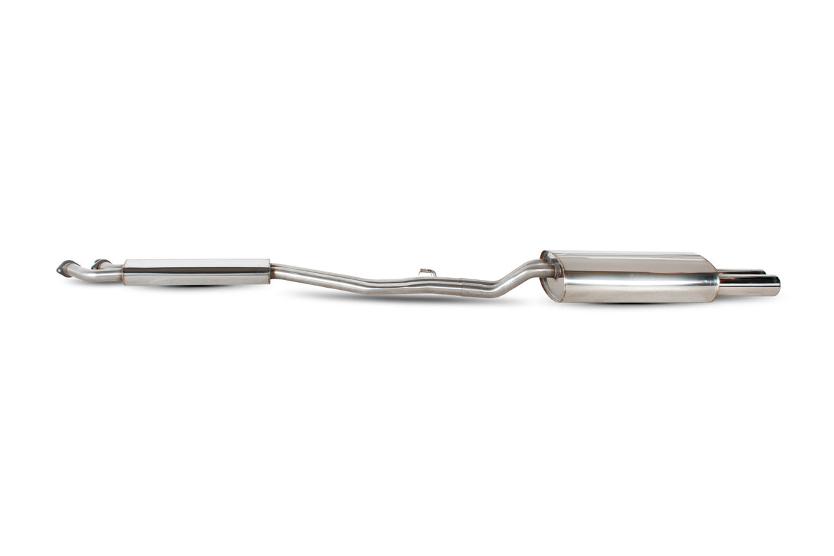 Scorpion BMW 325 E30 half exhaust system installed on sedan, showing polished metal pipes and muffler components.