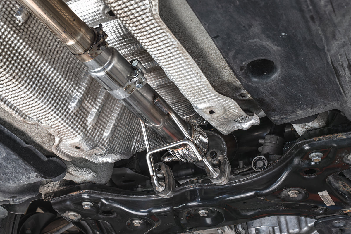 Scorpion Volkswagen UP! GTI TSI de-cat downpipe in stainless steel, showing the exhaust pipe and flange connection.