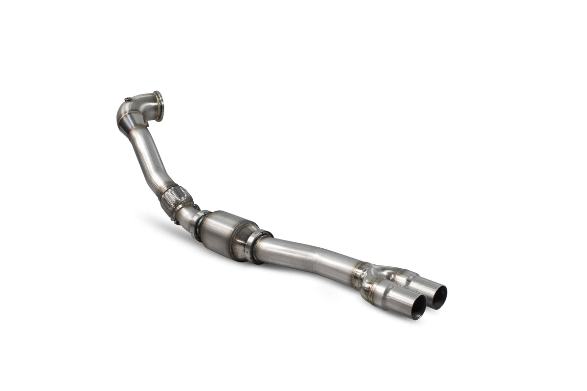 Scorpion Audi RS3 8V TTRS MK3 sports cat downpipe with high flow sports catalyst, showcasing stainless steel construction and exhaust piping.
