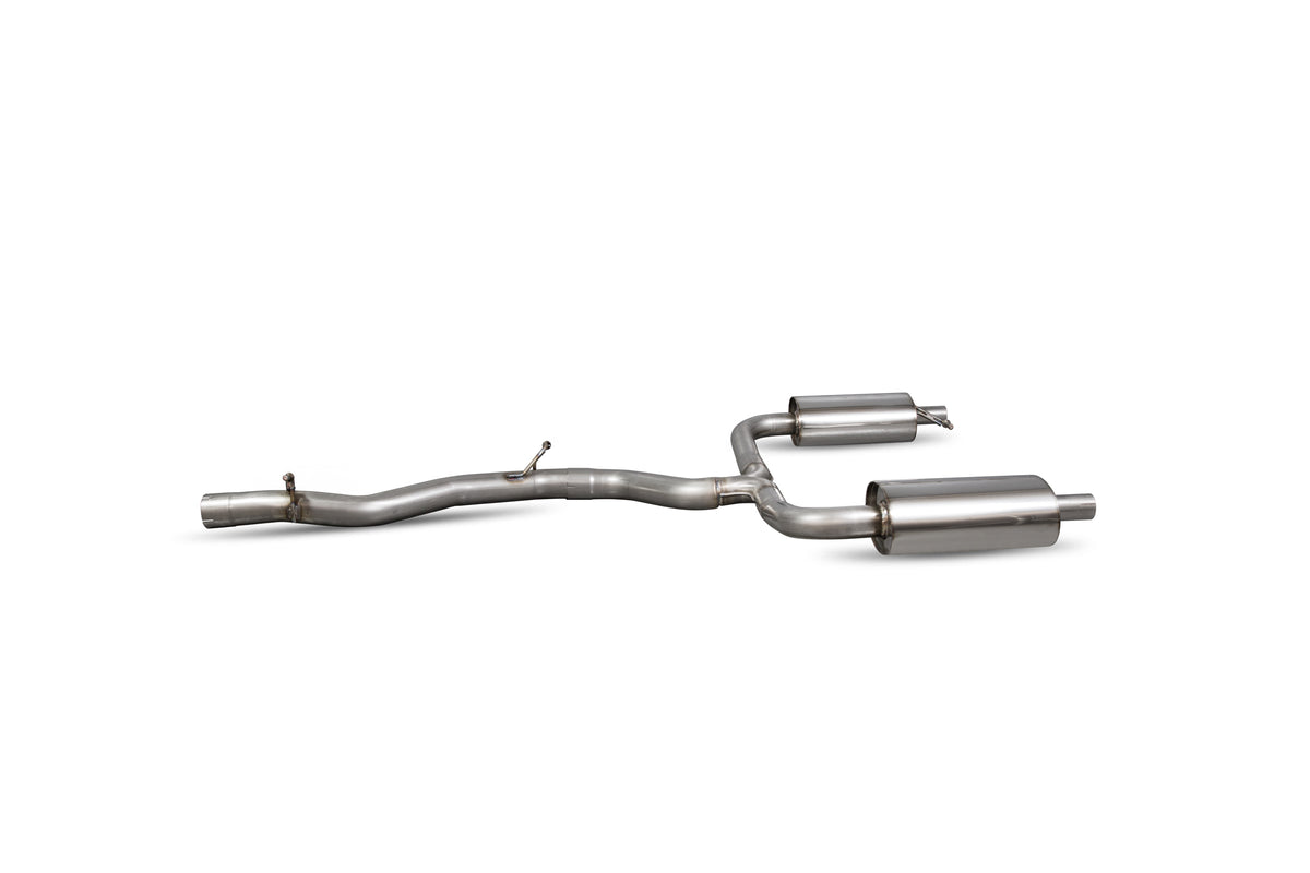 Scorpion Volkswagen Golf MK7 R Estate cat-back exhaust system with non-resonated muffler, showcasing the polished stainless steel pipes.