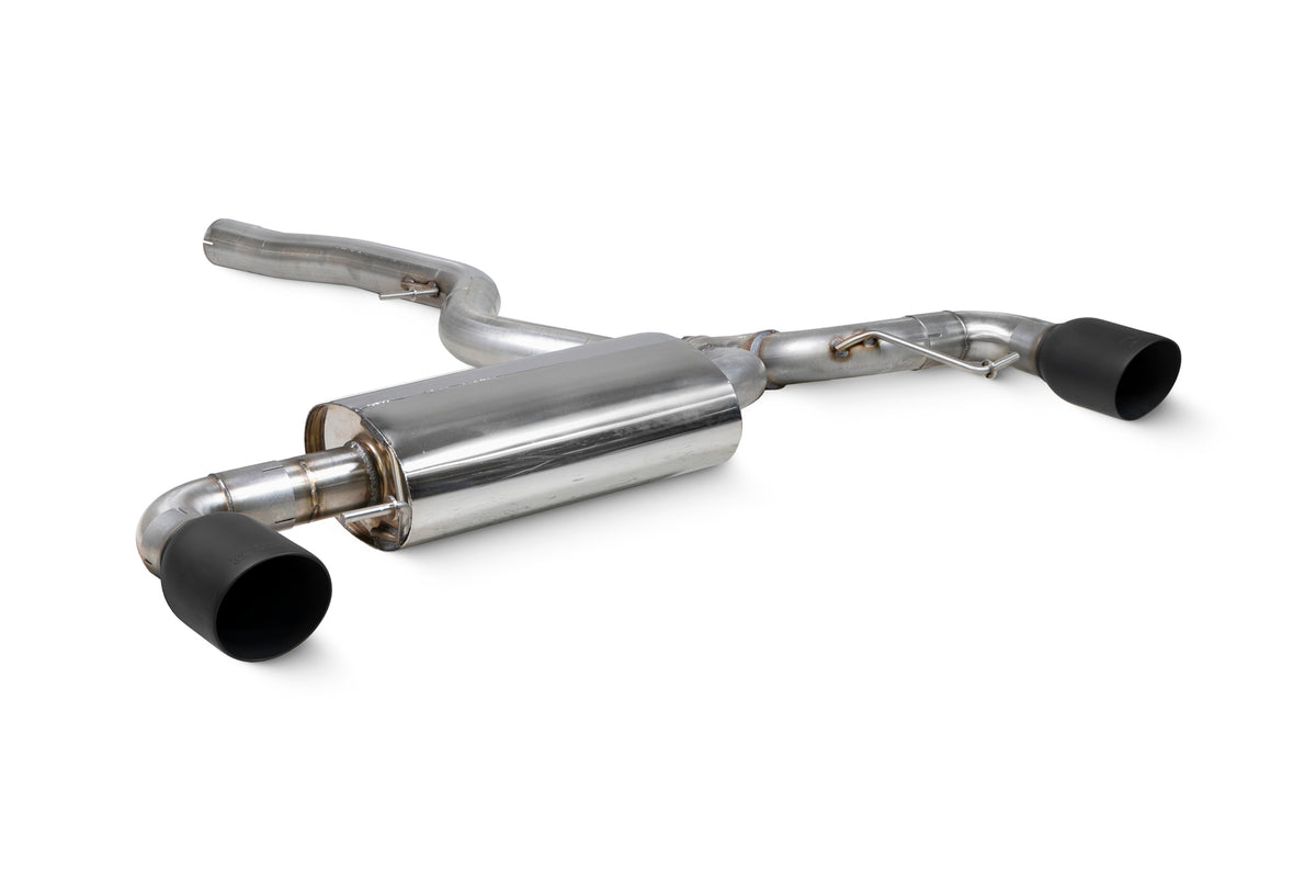 Scorpion BMW 220i G42 GPF-Back Exhaust System showing polished metal pipes and muffler components for GPF models.