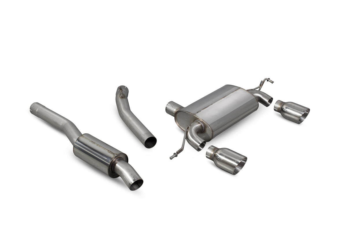 Scorpion Audi TT Mk1 quattro cat-back exhaust system with resonated muffler, showcasing polished stainless steel pipes and dual tips.
