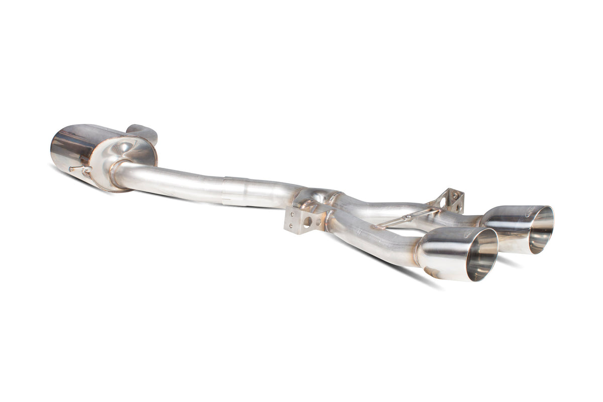 Scorpion Seat Leon Cupra R 2.0 TSI cat-back exhaust system with polished stainless steel pipes and dual exhaust tips.