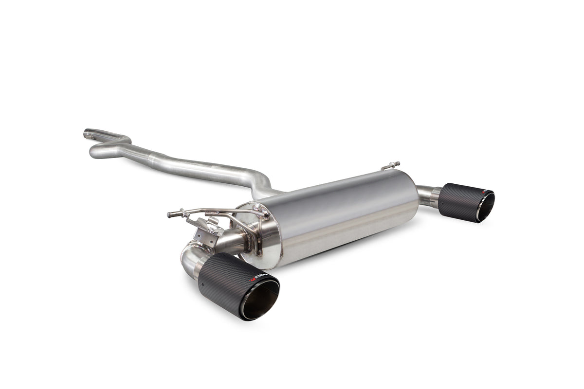 Scorpion BMW M140i F20 F21 non-GPF cat-back exhaust system with xDrive, non-resonated, stainless steel, muffler and tailpipes visible