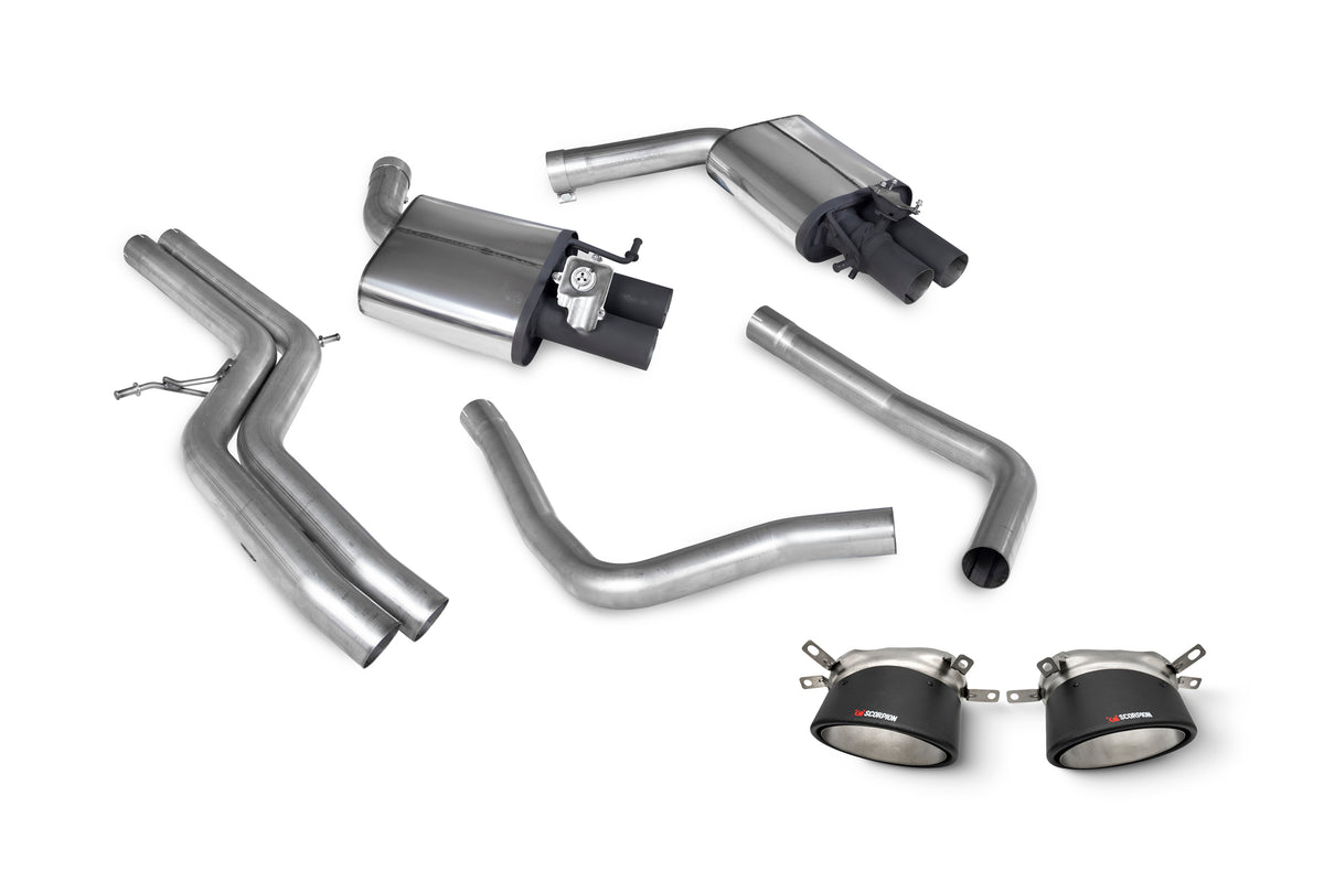 Scorpion Audi RS7 C7 non-resonated half system tailpipe trim with chrome accents, showcasing sleek exhaust tip design.