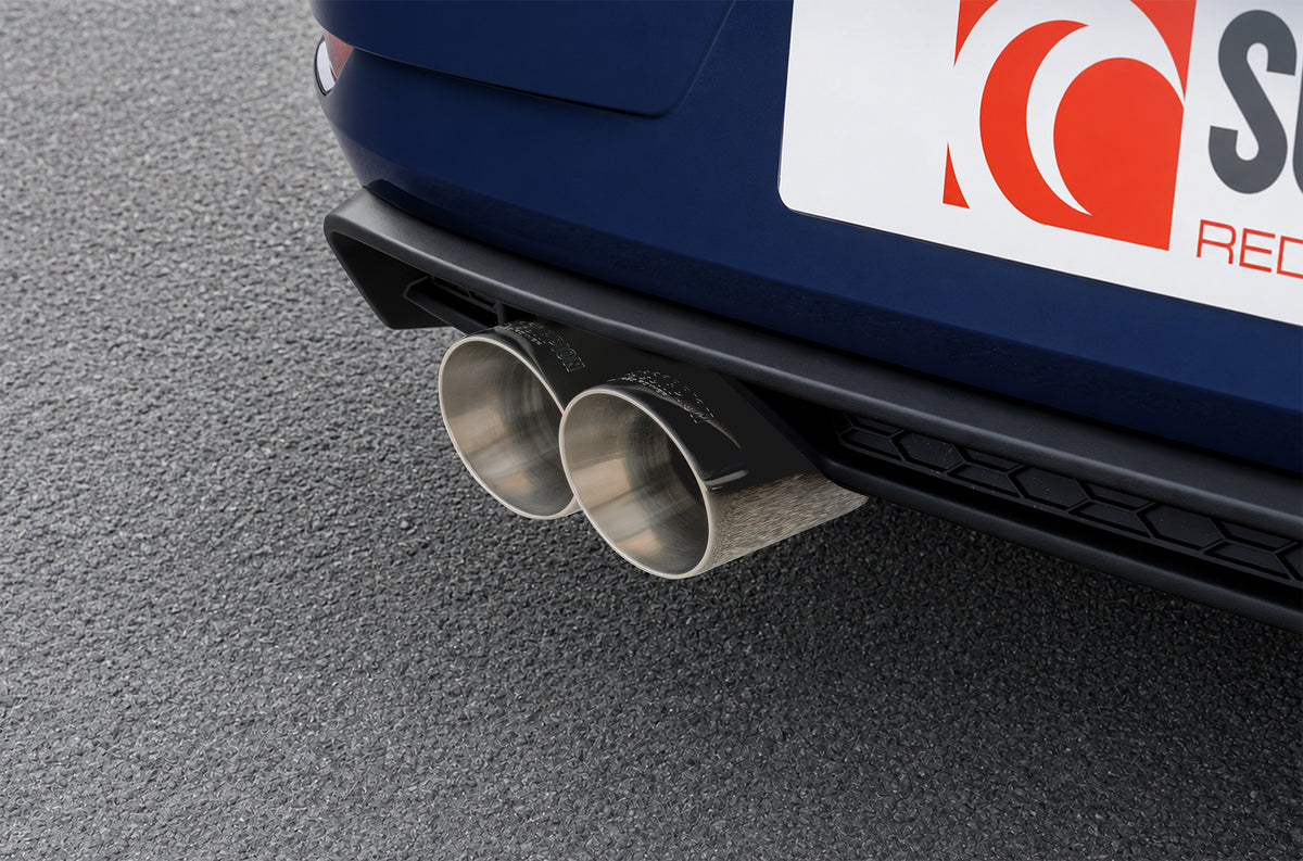 Scorpion Volkswagen Golf Mk7.5 1.5 TSI resonated cat-back exhaust system with polished stainless steel pipes and dual exhaust tips.