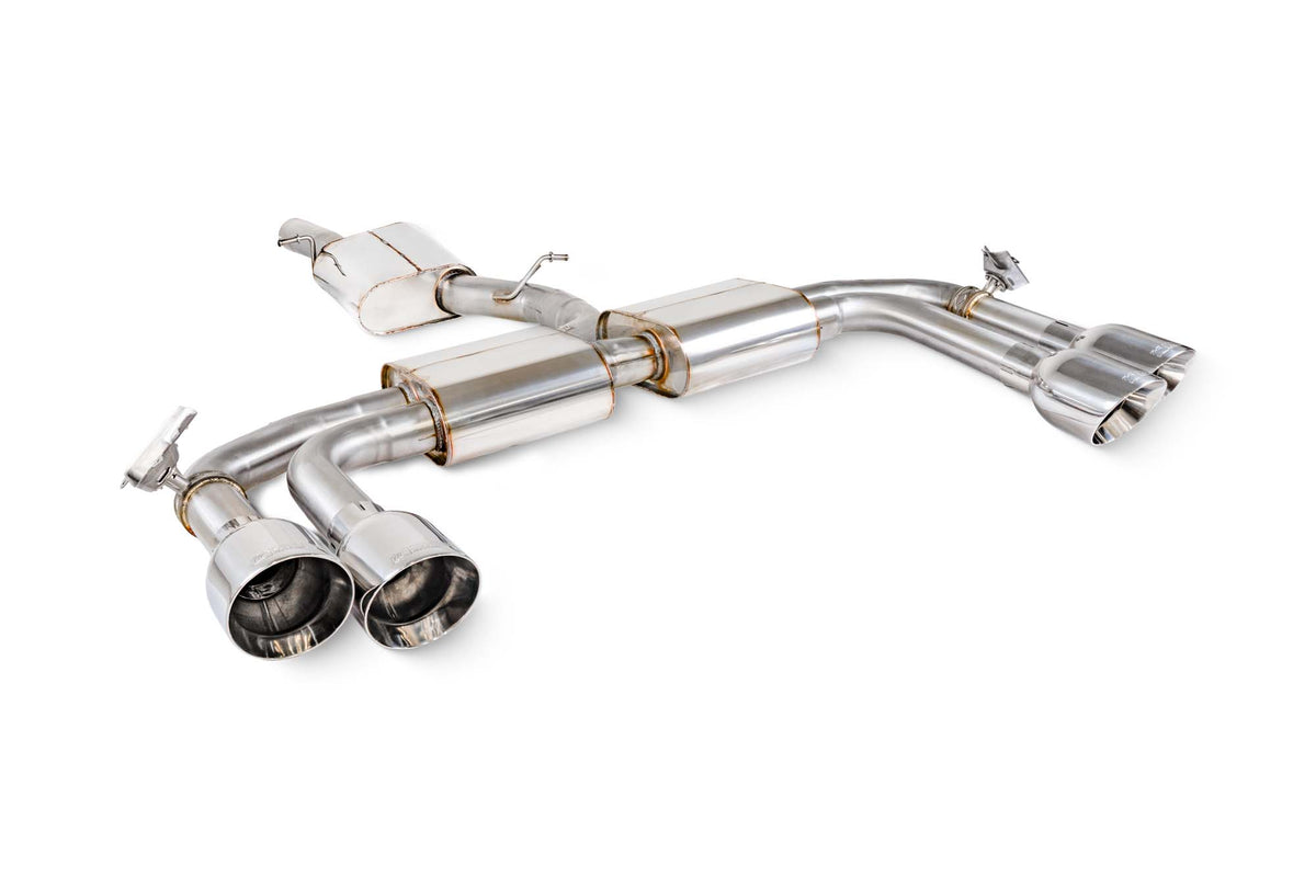 Scorpion Audi S3 8Y saloon GPF-back exhaust system with resonated cat and electronic valves, showcasing polished metal pipes and mufflers.