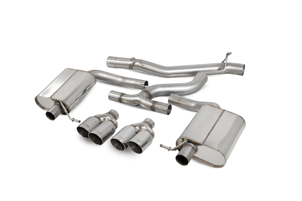Scorpion Volkswagen Golf R Estate MK7.5 Facelift cat-back exhaust system with non-resonated GPF model, visible stainless steel pipes and muffler
